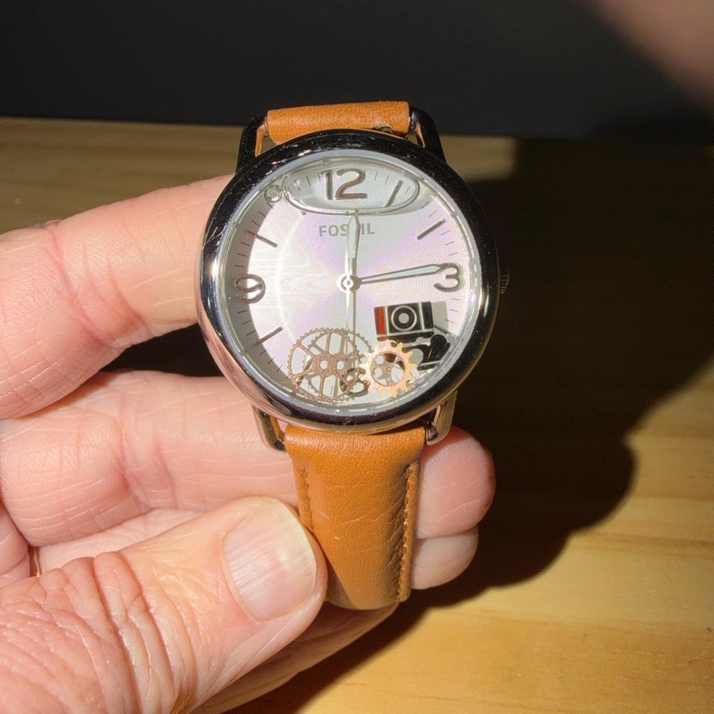Fossil Silver Dial Watch with Tan Leather Strap